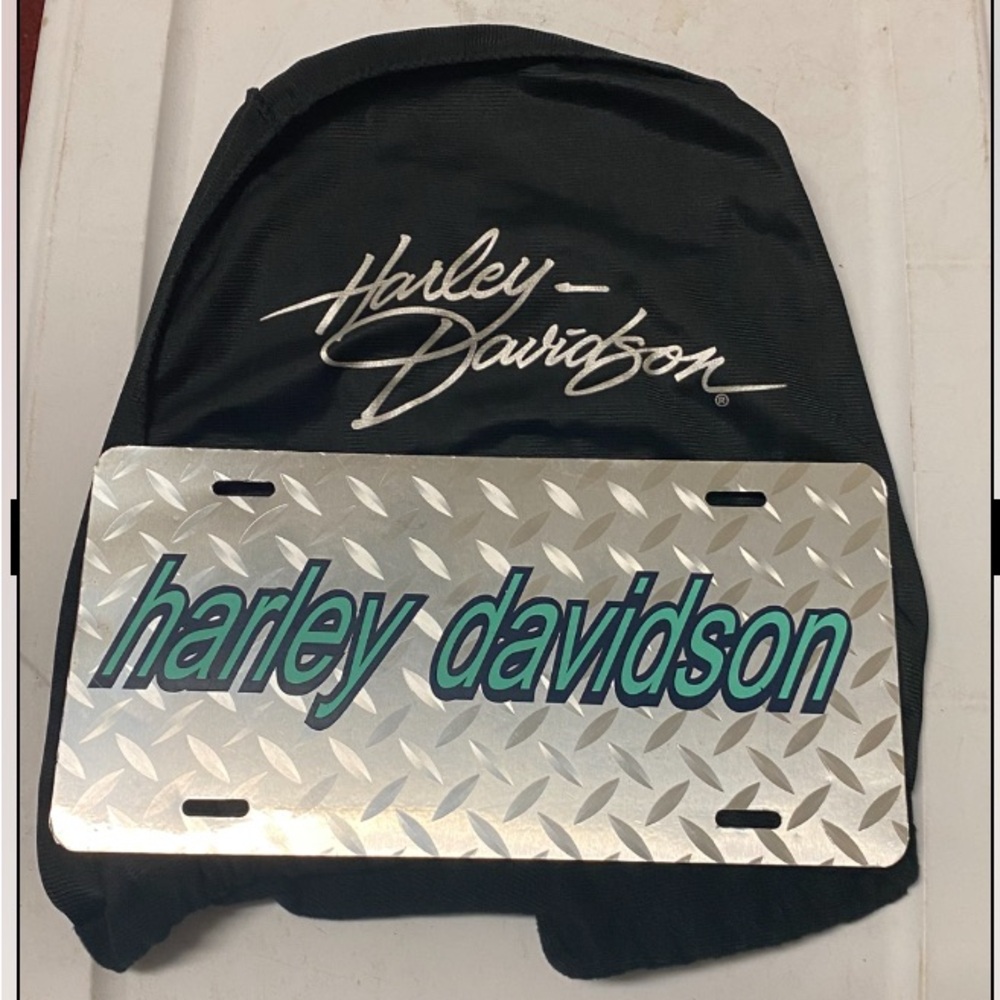 Harley-Davidson Novelty license plate and H-D Helmet bag ( or backpack)